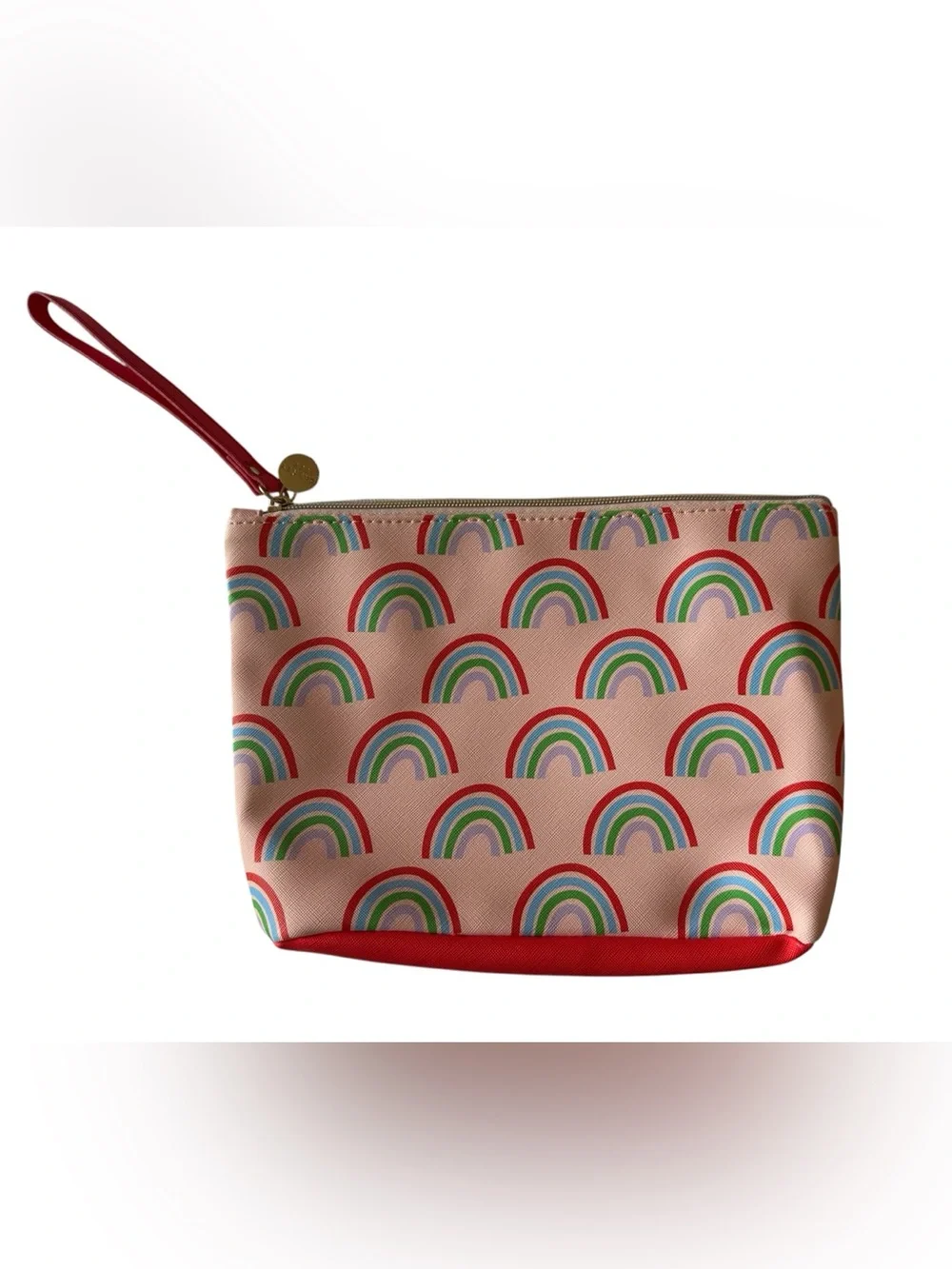 Dabney Lee Rainbow Zipper Pouch with Gold Medallion Charm and Red Accent Bottom